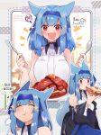  1girl :d animal_ears bangs bare_arms bare_shoulders black_jacket blue_hair blue_hairband blue_skirt blush breasts closed_eyes commentary dog_ears dog_tail eating egg eyebrows_visible_through_hair food fork hairband highres holding holding_fork holding_spoon jacket long_hair looking_at_viewer meat multiple_views open_mouth original red_eyes rene_(rirene) rirene_rn shirt skirt sleeveless sleeveless_shirt smile spoon tail white_shirt 