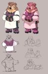  2019 alto_(breeze_in_the_clouds) anthro apron belly bottomwear bow_tie breeze_(breeze_in_the_clouds) breeze_in_the_clouds canid canine canis clothed clothing concept_art domestic_dog duo herding_dog humanoid_hands komoroshi_(artist) male mammal pants pastoral_dog shirt simple_background slightly_chubby solo topwear ursid welsh_corgi 