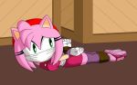  amy_rose anthro bdsm bondage bound breast_squish breasts clothed clothing eulipotyphlan female fully_clothed gag hedgehog imightbemick lying mammal on_front rope rope_bondage solo sonic_boom sonic_the_hedgehog_(series) squish worried 
