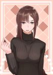  1girl black_sweater braid breasts brown_hair chocolate commentary_request consort_yu_(fate) eyebrows_visible_through_hair fate/grand_order fate_(series) grey_eyes hair_between_eyes holding_chocolate kozara14 long_braid long_hair long_sleeves looking_at_viewer medium_breasts open_mouth ribbed_sweater single_braid solo sweater turtleneck turtleneck_sweater valentine very_long_hair 