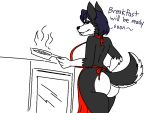  4:3 4_fingers anthro apron apron_only big_breasts big_butt black_body black_fur black_hair breakfast breasts butt canid canine canis clothing cooking cookware curvaceous curvy_figure dialogue domestic_dog english_text female fingers food frying_pan fur gloves_(marking) hair hth_studios husky jezzel_(hth) kitchen_utensils looking_at_viewer looking_back looking_back_at_viewer mammal markings mostly_nude multicolored_body multicolored_fur nordic_sled_dog oven side_boob simple_background smile solo spitz stove text tools two_tone_body two_tone_fur unknown_artist voluptuous white_background white_body white_fur 