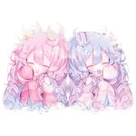  2girls blue_neckwear cherry_blossoms chibi closed_eyes commentary detached_sleeves flower_in_mouth fuyuzuki_gato hair_leaf hair_ornament hand_on_own_cheek hand_up hatsune_miku knees_up leaf light_blue_hair long_hair mouth_hold multiple_girls necktie pink_hair pink_legwear pink_neckwear pink_sleeves sakura_miku shirt side-by-side sitting sleeves_past_fingers sleeves_past_wrists snowflake_ornament thighhighs twintails very_long_hair vocaloid white_background white_legwear white_shirt white_sleeves yuki_miku yuki_miku_(2011) 