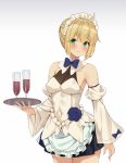  1girl artoria_pendragon_(all) black_skirt blonde_hair blush breasts character_request closed_mouth commission cup detached_sleeves drinking_glass eyebrows_visible_through_hair fate/grand_order fate_(series) green_eyes highres long_sleeves looking_at_viewer maid_headdress medium_breasts ryan_edian saber short_hair skirt smile solo wine_glass 