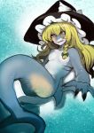  2018 anthro blonde_hair bodily_fluids breasts claws clothing drooling featureless_breasts female fish hair hat hat_only headgear headwear hi_res marine marisa_kirisame mostly_nude saliva shark sharp_teeth solo tears teeth toribako touhou transformation video_games witch_hat yellow_eyes 