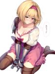  1girl absurdres aki663 blonde_hair blush boots breasts brown_hair cleavage collarbone djeeta_(granblue_fantasy) eyebrows_visible_through_hair gauntlets granblue_fantasy hair_between_eyes hairband highres looking_down pink_skirt see-through sitting skirt solo thigh_boots thighhighs wariza wet wet_clothes 