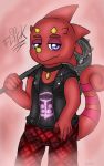  animal_crossing anthro black_jacket bug_net chameleon clothing darknetic digital_media_(artwork) flick_(animal_crossing) hi_res horn jewelry lizard looking_at_viewer male necklace nintendo plaid_pants red_body red_skin reptile scalie shirt simple_background solo spikes text topwear video_games 