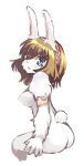  2015 anthro blue_eyes bodily_fluids breasts brown_hair butt crying female fur hair lagomorph leporid looking_back mammal nude rabbit simple_background sitting solo tears toribako transformation white_background white_body white_fur 