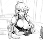  1girl bare_shoulders blush breasts chair clothes_pull detached_sleeves drink eyebrows_visible_through_hair fingerless_gloves flashing gloves greyscale guhanshounen hair_between_eyes iowa_(kantai_collection) kantai_collection large_breasts long_hair looking_at_viewer monochrome nipples one_breast_out oppai_challenge pulled_by_self self_exposure sitting smile solo table wrist_cuffs 