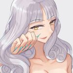  1girl blue_nails breasts carmilla_(fate/grand_order) cleavage collarbone commentary_request curly_hair eyebrows_visible_through_hair fate/grand_order fate_(series) fingernails grey_background hand_on_own_cheek kozara14 light_blush long_fingernails long_hair looking_at_viewer medium_breasts nail_polish nude portrait sharp_fingernails silver_hair solo upper_body yellow_eyes 