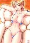  areolae armpits bikini blush breasts cleavage covered_nipples hanazuka_ryouji large_breasts lips micro_bikini nami_(one_piece) navel one_piece orange_eyes orange_hair outstretched_arms pubic_hair short_hair smile solo spread_arms sweat swimsuit tattoo 