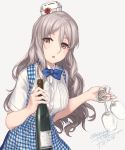 1girl alcohol alternate_costume apron blue_neckwear blue_ribbon bottle bow bowtie breasts brown_eyes button_gap collared_shirt cup dated dress_shirt drinking_glass employee_uniform gingham grey_background grey_hair hat kantai_collection koubeya_uniform long_hair looking_at_viewer medium_breasts mini_hat pola_(kantai_collection) ribbon rokuwata_tomoe shirt short_sleeves signature simple_background solo thick_eyebrows twitter_username uniform upper_body wavy_hair white_shirt wine wine_bottle wine_glass 