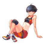  1girl abs ahoge arm_support armpits bangs bare_shoulders bike_shorts black_eyes black_hair black_sports_bra blunt_bangs breasts closed_mouth commentary crossed_ankles expressionless fujisawa_takashi highres knee_brace looking_at_viewer midriff navel orange_footwear orange_shorts orange_sports_bra original raised_eyebrows shoes short_hair shorts simple_background sitting small_breasts sneakers solo sports_bra track_and_field white_background white_footwear 