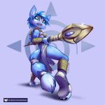  1:1 2020 accessory anthro blue_hair breasts canid canine clothing female footwear fox fur green_eyes hair hair_accessory hi_res kiaun krystal loincloth mammal markings nintendo open_mouth sandals shoulder_pads signature solo staff star_fox tailband text toes tribal_markings url video_games weapon 