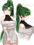  1girl absurdres bangs bare_shoulders blush breasts commentary_request dress earrings eyebrows_visible_through_hair fire_emblem fire_emblem:_the_blazing_blade green_eyes green_hair highres jewelry lips long_hair looking_at_viewer lyn_(fire_emblem) medium_breasts multiple_views off-shoulder_sweater off_shoulder ormille parted_bangs ponytail ribbed_sweater shiny shiny_hair shiny_skin simple_background smile solo sweater sweater_dress tied_hair turtleneck upper_body 