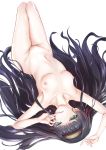  1girl arms_up bishoujo_mangekyou black_hair breasts commentary_request green_eyes hairband highres kirituka_yuuka long_hair looking_at_viewer nipples nude renge_(bishoujo_mangekyou) shiny shiny_hair simple_background solo toned white_background 