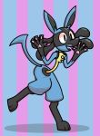  4_fingers ambiguous_gender anthro fanboy_and_chum_chum fingers fur gloves_(marking) happy hi_res lucario markings nintendo open_mouth pawpads pillarbox pok&eacute;mon pok&eacute;mon_(species) sharp_teeth simple_background solo teeth thatcringeyfanuwu toony video_games 