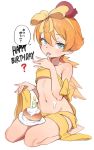  1girl ? bangs bare_legs bare_shoulders barefoot blue_eyes blush bow collarbone commentary_request eyebrows_visible_through_hair food food_on_face food_on_finger full_body groin hair_between_eyes hair_bow hairband happy_birthday long_hair looking_at_viewer low_ponytail naked_ribbon navel orange_hair original ponytail ribbon seiza simple_background sitting solo toku_(ke7416613) tongue tongue_out translation_request very_long_hair white_background yellow_bow yellow_hairband yellow_ribbon 