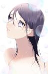  1girl absurdres bad_id bad_twitter_id blurry blurry_foreground bubble depth_of_field hair_between_eyes highres long_hair looking_up mole mole_on_neck nude original parted_lips pink_lips purple_eyes purple_hair sogawa solo upper_body wet wet_hair 