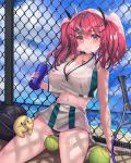  1girl absurdres azur_lane bangs bare_shoulders bottle bow breasts bremerton_(azur_lane) bremerton_(scorching-hot_training)_(azur_lane) chain-link_fence cleavage commentary_request crop_top crop_top_overhang eyebrows_visible_through_hair fence grey_hair hair_between_eyes hair_bow hair_ornament hairclip heart heart_necklace highres holding_racket large_breasts long_hair looking_at_viewer manjuu_(azur_lane) multicolored_hair navel pink_hair racket smile solaris_(sinhyg) sportswear streaked_hair tennis_racket tennis_uniform twintails two-tone_hair two-tone_shirt two-tone_skirt water_bottle x_hair_ornament 