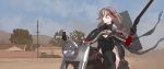  1girl bangs breasts cleavage girls_frontline ground_vehicle gun hair_between_eyes holding holding_gun holding_weapon jacket lever_action light_brown_hair long_hair m1887_(girls_frontline) medium_breasts motor_vehicle motorcycle on_motorcycle open_clothes open_jacket parody red_eyes red_hair shotgun solo tab_(tabkun) terminator terminator_2:_judgment_day weapon winchester_model_1887 
