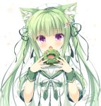  1girl animal_ear_fluff animal_ears bangs beret blush bow cat_ears chestnut_mouth commentary_request doughnut dress eyebrows_visible_through_hair fang flower food green_bow green_hair green_ribbon hair_flower hair_ornament hair_ribbon hands_up hat holding holding_food long_hair looking_at_viewer open_mouth original pink_flower puffy_short_sleeves puffy_sleeves purple_eyes ribbon sailor_collar sailor_dress short_sleeves signature simple_background solo striped striped_bow takano_yuki_(allegro_mistic) twintails upper_body white_background white_bow white_dress white_flower white_headwear white_sailor_collar 