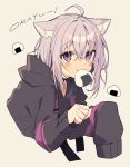  1girl ahoge animal_ear_fluff animal_ears bangs beige_background black_hoodie blush cat_girl character_name closed_mouth commentary food food_in_mouth hololive long_sleeves looking_at_viewer nekomata_okayu onigiri oshio_(dayo) purple_eyes purple_hair short_hair simple_background smile solo upper_body virtual_youtuber 