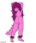  2020 ankle_cuffs anthro areola belly body_hair breasts colored_nails deltarune female freckles genitals hair hair_over_eye hands_behind_head happy_trail long_hair long_nails long_tail looking_at_viewer nails navel nipples nude one_eye_obstructed pink_body pink_hair pink_skin pose pubes pussy red_eyes scalie shackles simple_background slightly_chubby solo spiked_tail spikes stretch_marks susie_(deltarune) togalay video_games yellow_sclera 