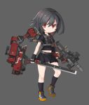  1girl black_hair black_legwear black_serafuku commentary exoskeleton fingerless_gloves gloves gun holding holding_gun holding_weapon kneehighs machete mechanical_arm midriff orange_eyes original ran_system school_uniform serafuku short_hair simple_background solo weapon 