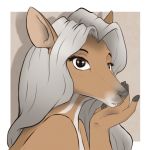  1:1 anthro big_eyes brown_body brown_fur dunnowhattowrite female fingers fur grey_hair hair hi_res hooved_fingers looking_at_viewer mammal open_mouth solo tragulid 
