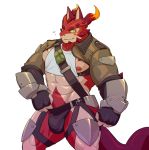  2020 abs anthro armor biceps blush bulge clothed clothing cthugha_(tas) dragon gloves handwear hi_res horn male muscular muscular_male navel nipples pecs simple_background solo tokyo_afterschool_summoners topwear tsukigata_rossi unconvincing_armor video_games 