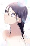  1girl bad_id bad_twitter_id blurry blurry_foreground bubble depth_of_field hair_between_eyes highres long_hair looking_up mole mole_on_neck nude original parted_lips pink_lips purple_eyes purple_hair sogawa solo upper_body wet wet_hair 