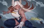  1girl animal_ear_fluff animal_ears artist_name biceps blue_legwear boku_no_hero_academia character_name commentary dark_skin english_commentary fighting_stance floating_hair fur_collar gloves grin highleg highleg_leotard leotard less long_hair looking_away muscle muscular_female red_eyes sleeveless smile solo teeth thick_thighs thighhighs thighs usagiyama_rumi white_gloves white_hair 