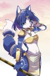  2020 accessory anthro blue_hair breasts canid canine clothing female fox fur green_eyes hair hair_accessory hairband hi_res holding_object jewelry krystal loincloth mammal markings namagakiokami navel necklace nintendo shoulder_pads smile solo staff star_fox tailband tribal_markings video_games 