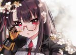  1girl :o adjusting_eyewear arm_up bangs bespectacled black_hair blush close-up commentary english_commentary eyebrows_visible_through_hair girls_frontline glasses gloves hair_ribbon kongya long_hair long_sleeves looking_at_viewer necktie one_side_up open_mouth orange_gloves red-tinted_eyewear red_eyes red_neckwear red_ribbon ribbon semi-rimless_eyewear solo straight_hair under-rim_eyewear v-shaped_eyebrows very_long_hair wa2000_(girls_frontline) 