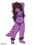  2020 ankle_cuffs anthro belly body_hair bra breasts brown_hair clothed clothing colored_nails deltarune female freckles hair hair_over_eye hands_behind_head happy_trail long_hair long_nails long_tail looking_at_viewer nails navel one_eye_obstructed pose purple_body purple_skin red_eyes scalie shackles simple_background slightly_chubby solo spiked_tail spikes stretch_marks susie_(deltarune) togalay underwear video_games yellow_sclera 