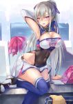  1girl arm_behind_head arm_support armpit_cutout armpits azur_lane bag bangs black_leotard blue_legwear blush bow braid breasts casablanca_(azur_lane) casablanca_(cheer_squad_on_break)_(azur_lane) cheerleader cleavage cleavage_cutout commentary_request covered_navel cowboy_shot crop_top duffel_bag eyebrows_visible_through_hair hair_between_eyes hair_bow hinot large_breasts leg_up leotard leotard_under_clothes long_hair long_sleeves looking_at_viewer midriff miniskirt open_mouth pleated_skirt pom_poms ponytail purple_eyes ribbed_legwear shoes sidelocks silver_hair sitting skirt sneakers solo steam sweat thighhighs towel two-tone_skirt water_drop white_skirt zettai_ryouiki 