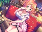  1girl :d asa_no_ha blush bottle breasts champagne_flute cleavage couch cup drinking_glass dutch_angle green_eyes highres indoors jewelry large_breasts long_hair looking_at_viewer necklace night official_art open_mouth orange_hair pink_skirt sitting skirt smile solo window wine_bottle 