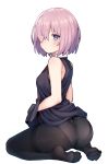  1girl ass bare_shoulders black_dress black_legwear blush breasts commentary crotch_seam dress fate/grand_order fate_(series) feet from_behind hair_over_one_eye highres jp06 kneeling looking_at_viewer looking_back mash_kyrielight medium_breasts no_shoes panties panties_under_pantyhose pantyhose purple_eyes short_hair simple_background soles solo underwear white_background 