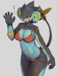  3:4 absurd_res anthro bikini blush breasts claws clothing crotch_tuft felid female fur gesture hi_res hopping4 looking_at_viewer luxray mammal nintendo open_mouth panties panty_pull pok&eacute;mon pok&eacute;mon_(species) smile solo swimwear tuft underwear video_games waving 