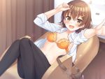  1girl :d asa_no_ha biyoushitsu_aphrodite black_pants blush bra brown_hair frilled_bra frills hair_ornament hairclip hand_up indoors lying navel official_art on_back open_mouth orange_bra pants recliner shirt short_hair sink smile solo underwear white_shirt yurumi_narumi 