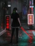  1girl aoi_ogata artist_name baseball_cap black_dress black_headwear black_legwear blurry blurry_background commission depth_of_field dress fence from_behind glowing glowing_sword glowing_weapon green_hair hat highres holding holding_sword holding_weapon katana long_hair looking_at_viewer looking_back neon_lights night original outdoors power_lines profile reflection road short_dress short_sleeves solo standing street sword telephone_pole thighhighs translation_request weapon wooden_fence 