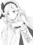  1girl blush breasts cape closed_mouth downblouse granblue_fantasy hairband konoe_(fogtracks) leaning_forward long_hair looking_at_viewer monochrome sara_(granblue_fantasy) simple_background small_breasts smile solo white_background 