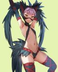  1girl :3 arm_behind_head armpits arms_up bangs black_gloves black_leotard blunt_bangs blush bow_(bhp) breasts closed_mouth elbow_gloves eyebrows_visible_through_hair feather_trim fishnet_leotard fishnets gloves groin leotard looking_at_viewer monster_hunter navel purple_hair revealing_clothes short_hair simple_background small_breasts smile solo standing stomach thighhighs two-tone_legwear white_background yellow_eyes 