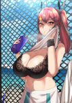  1girl absurdres azur_lane beach blue_sky bottle bra breasts bremerton_(azur_lane) bremerton_(scorching-hot_training)_(azur_lane) chain-link_fence cleavage cloud crop_top crop_top_overhang fence highres large_breasts lilycious mole mole_on_breast multicolored_hair ocean pink_eyes pink_hair shirt_lift sky solo sportswear streaked_hair tennis_court tennis_uniform two-tone_shirt two-tone_skirt underwear water_bottle wristband 