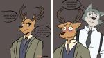  2020 anthro antlers beastars biped blush brown_body brown_eyes brown_fur canid canine canis cervid cheek_tuft clothed clothing duo english_text facial_tuft fur grey_body grey_fur hi_res horn legoshi_(beastars) looking_at_another looking_at_viewer louis_(beastars) male male/male mammal multicolored_body multicolored_fur necktie rygel_spkb simple_background speech_bubble suspenders teeth text tuft two_tone_body two_tone_fur wolf 