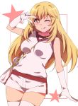  +_+ 1girl ;q bag bangs blonde_hair breasts deyuuku eyebrows_visible_through_hair gloves hand_up large_breasts long_hair looking_at_viewer one_eye_closed red_eyes shirt shokuhou_misaki shorts solo star thighhighs to_aru_kagaku_no_railgun to_aru_majutsu_no_index tongue tongue_out v white_background white_gloves white_legwear white_shirt white_shorts 