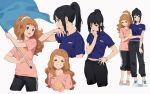  2girls arm_up bangs black_hair black_pants blue_eyes blue_flag blue_shirt blush bow breasts brown_eyes brown_hair character_request closed_mouth collarbone commentary_request cookie curly_hair english_text facing_viewer flag food from_side full_body hair_ornament hair_ribbon hibike!_euphonium holding holding_another&#039;s_arm holding_flag holding_own_arm kamo_kamen long_hair looking_at_viewer looking_to_the_side multiple_girls navel open_mouth pants pink_footwear pink_shirt ponytail print_shirt ribbon shirt shoelaces shoes sidelocks simple_background smelling smile sneakers standing stomach sweat t-shirt teeth upper_body waving waving_flag white_background white_footwear white_legwear white_ribbon 