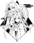  1girl bangs commentary_request flower hair_flower hair_ornament horn japanese_clothes kajiri_kamui_kagura kimono long_hair long_sleeves looking_at_viewer monster parted_bangs sharp_teeth shiseki_hirame slit_pupils teeth tenma_tokoyo worms 