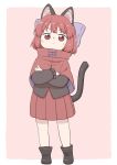  1girl :&lt; animal_ears black_footwear blush boots border bow capelet cat_ears cat_tail closed_mouth commentary crossed_arms eyebrows_visible_through_hair full_body hair_bow kemonomimi_mode long_sleeves looking_at_viewer pink_background pleated_skirt poronegi purple_bow red_capelet red_eyes red_hair red_skirt sekibanki short_hair simple_background skirt solo tail tail_raised touhou white_border younger 