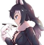  1girl animal_ear_fluff animal_ears artist_request black_hair blue_eyes breasts cleavage commentary commentary_request eyebrows_visible_through_hair fur_collar gloves grey_wolf_(kemono_friends) highres kemono_friends large_breasts long_hair looking_away multicolored_hair pen profile simple_background solo two-tone_hair white_background white_gloves white_hair wolf_ears wolf_girl 